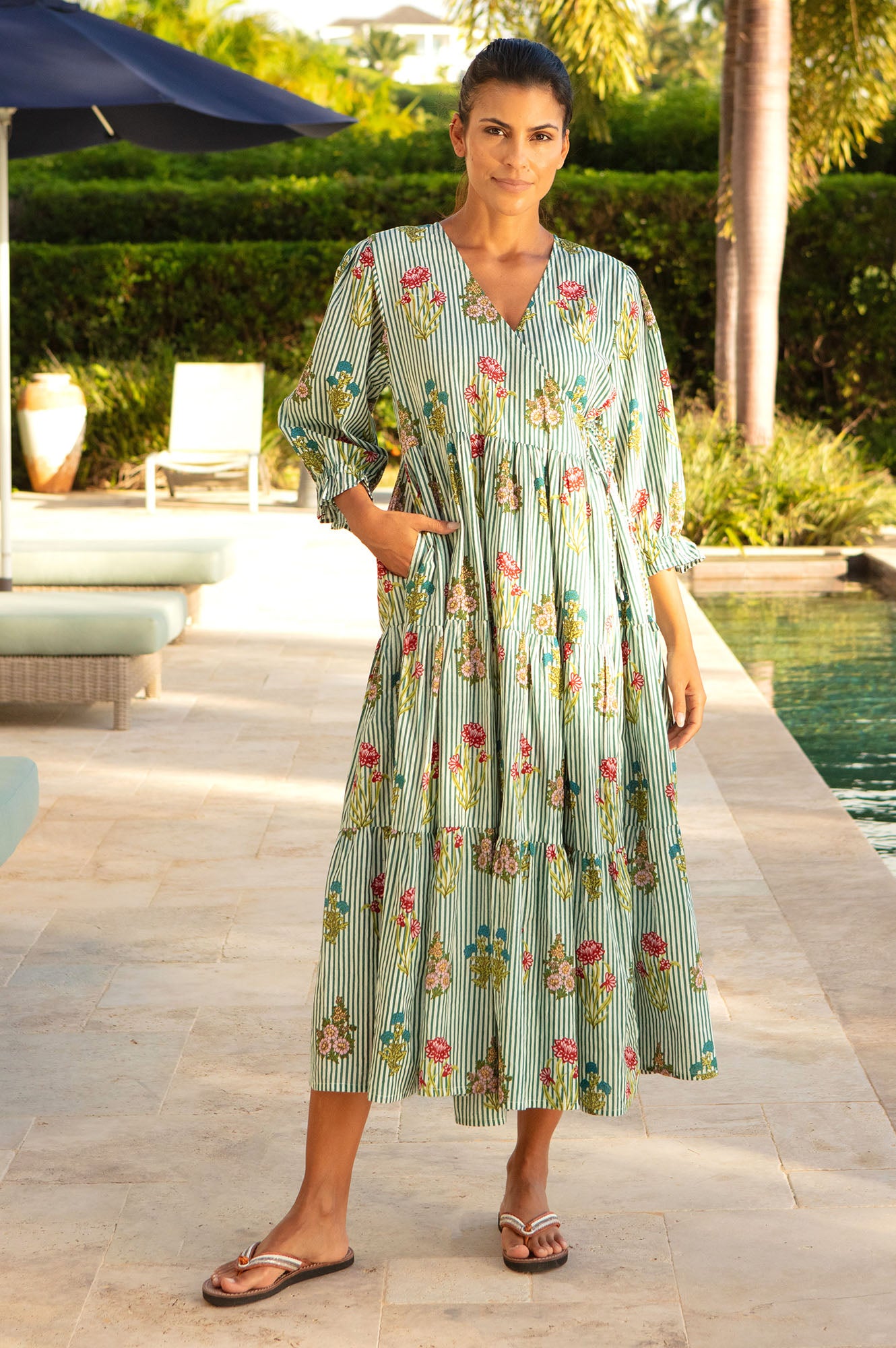 Surbhi 3/4 Sleeve Dress | Teal/Multi - Aspiga