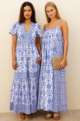 Bella Organic Cotton Block Print Sundress | White/Cobalt - Aspiga