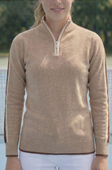 Merino Wool Overarm Stripe Quarter Zip Jumper | Taupe/Cream/Chocolate