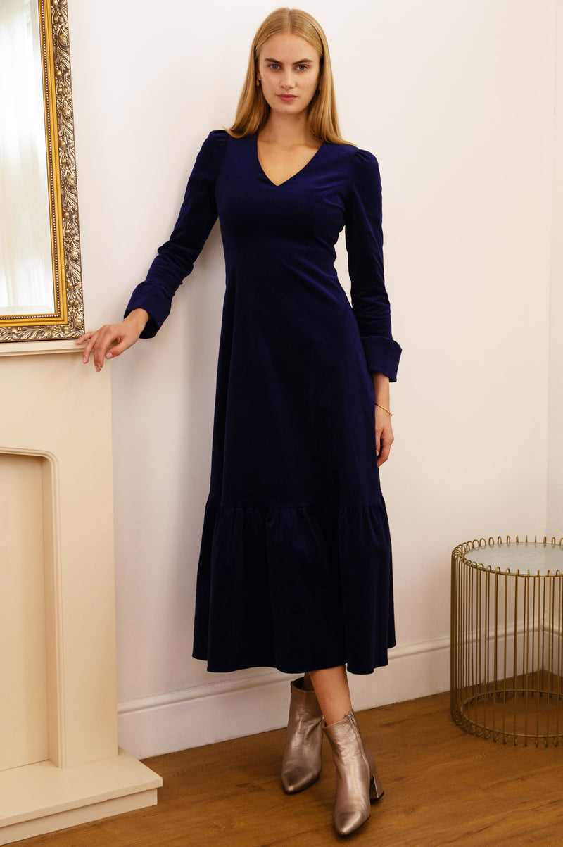 Victoria V-Neck Long Sleeve Stretch Corduroy Dress | Atlantic Blue