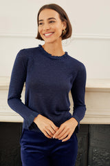 Metallic Knit Frill Neck Jumper | Navy