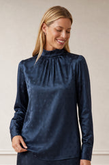 Satin Jacquard Spot Blouse | Navy