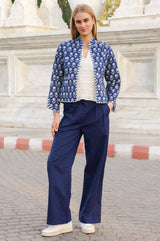Cotton Printed Quilted Reversible Jacket | Navy/White