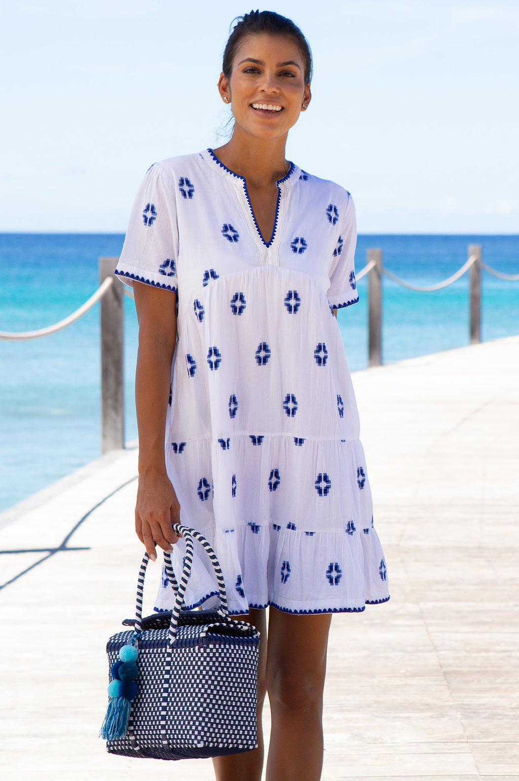 India Embroidered Organic Cotton Dress White Blue