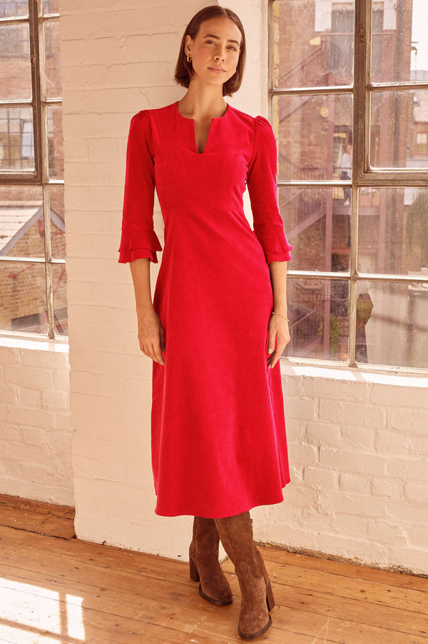Jocelyn V-Neck 3/4 Sleeve Stretch Corduroy Dress | Red