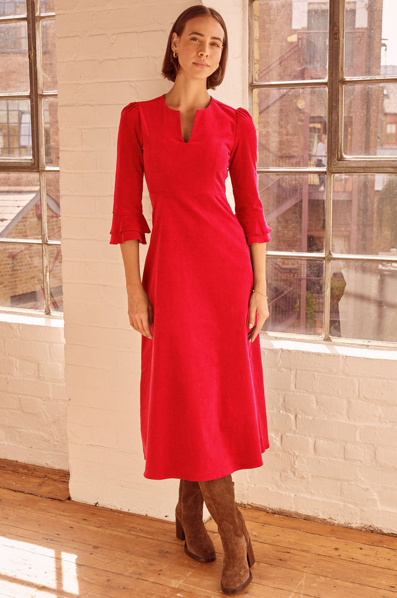 Jocelyn V-Neck 3/4 Sleeve Stretch Corduroy Dress | Red
