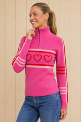 Merino Wool Stripe Hearts Quarter Zip | Pink/Red