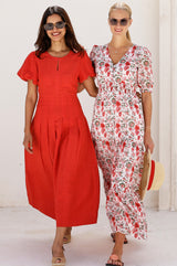APPROVED Billie Short Sleeve Organic Cotton Dress | Ecru/Red - Aspiga