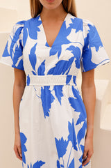 Elsa Printed Cotton Dress | Ivory/Cobalt