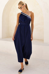 One Shoulder Cotton Dobby Ric Rac Dress | Navy/Ivory