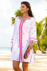 APPROVED Guadalupe Embroidered Organic Cotton Short Tunic | White/Pink - Aspiga