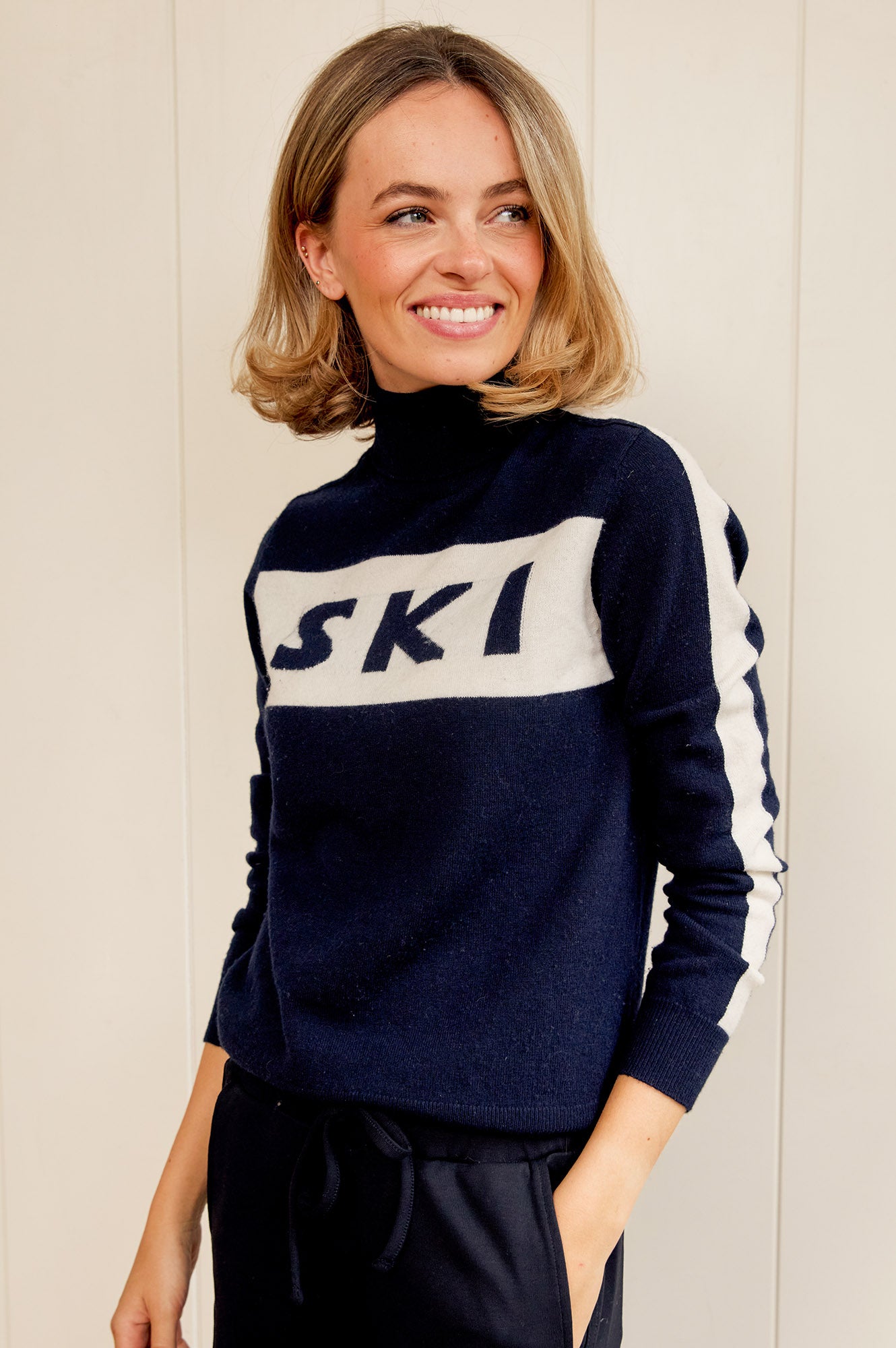 Merino Wool Ski Slim Polo Neck Jumper | Dark Navy/Cream