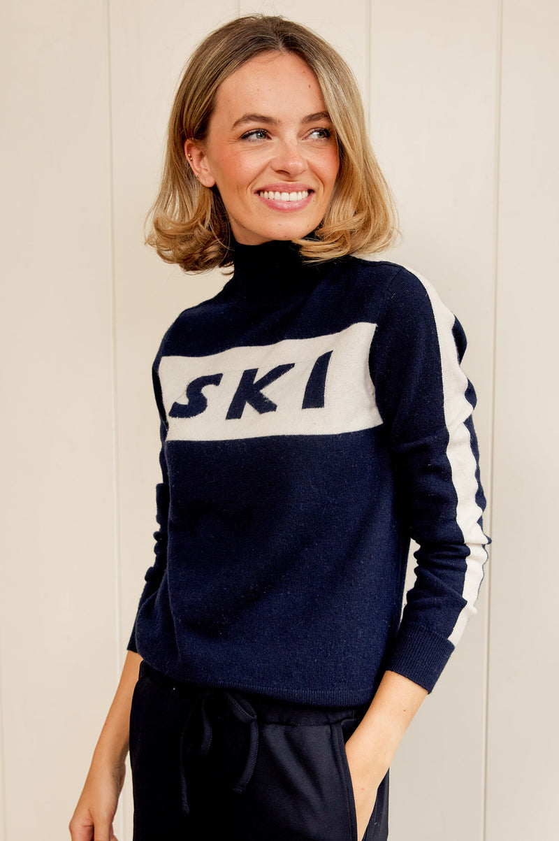 Merino Wool Ski Slim Polo Neck Jumper | Dark Navy/Cream