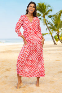 Mykonos Organic Cotton Maxi Dress | White/Red - Aspiga