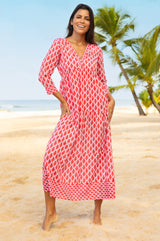 Mykonos Organic Cotton Maxi Dress | White/Red - Aspiga