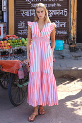 Lizzie Organic Cotton Stripe Dress | Coral/White - Aspiga