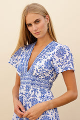 APPROVED Pippa Organic Cotton Short Sleeve Block Print Dress | White/Cobalt - Aspiga