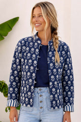 Cotton Printed Quilted Reversible Jacket | Navy/White