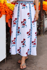 APPROVED * Florrie Block Print Organic Cotton Skirt | Buta Teal/Red - Aspiga