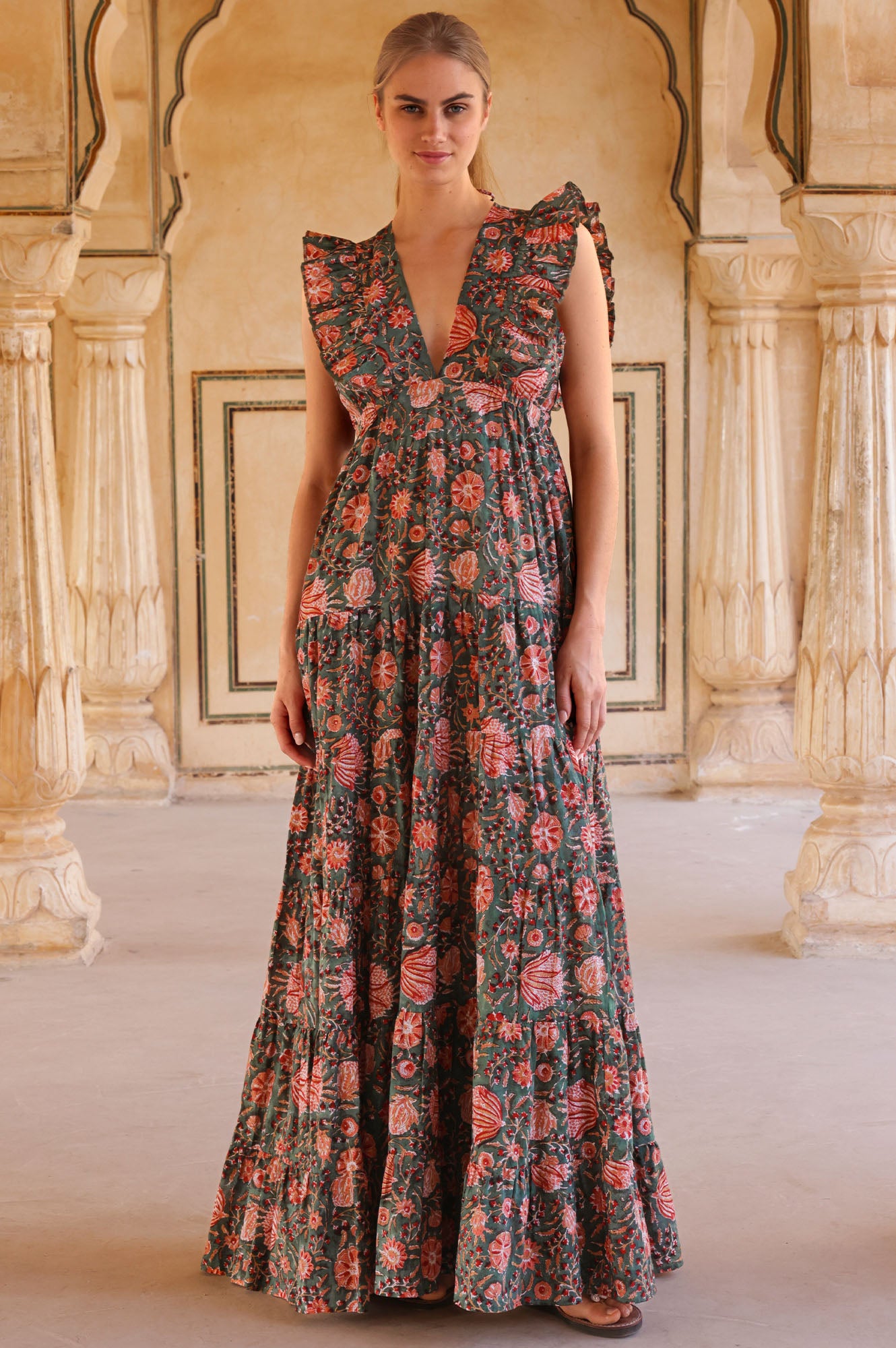 V Neck Rose Maxi Dress | Khaki/Orange
