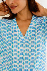 Clea Viscose Crinkle Blouse | Ikat White/Turquoise