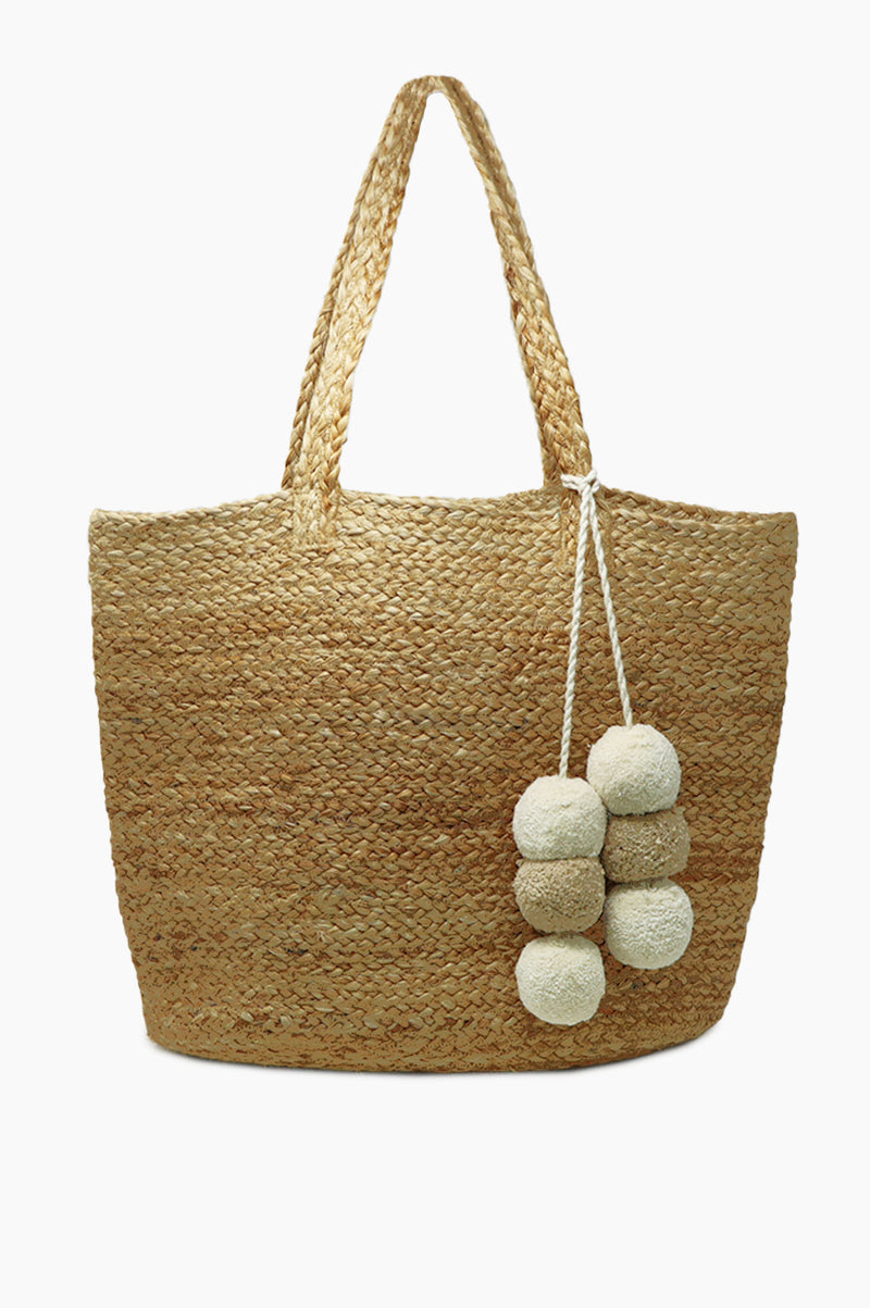 Jute Pom Pom Tote | Taupe/Cream