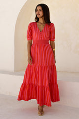 Billie Short Sleeve Organic Cotton Dress | Red/Pink - Aspiga