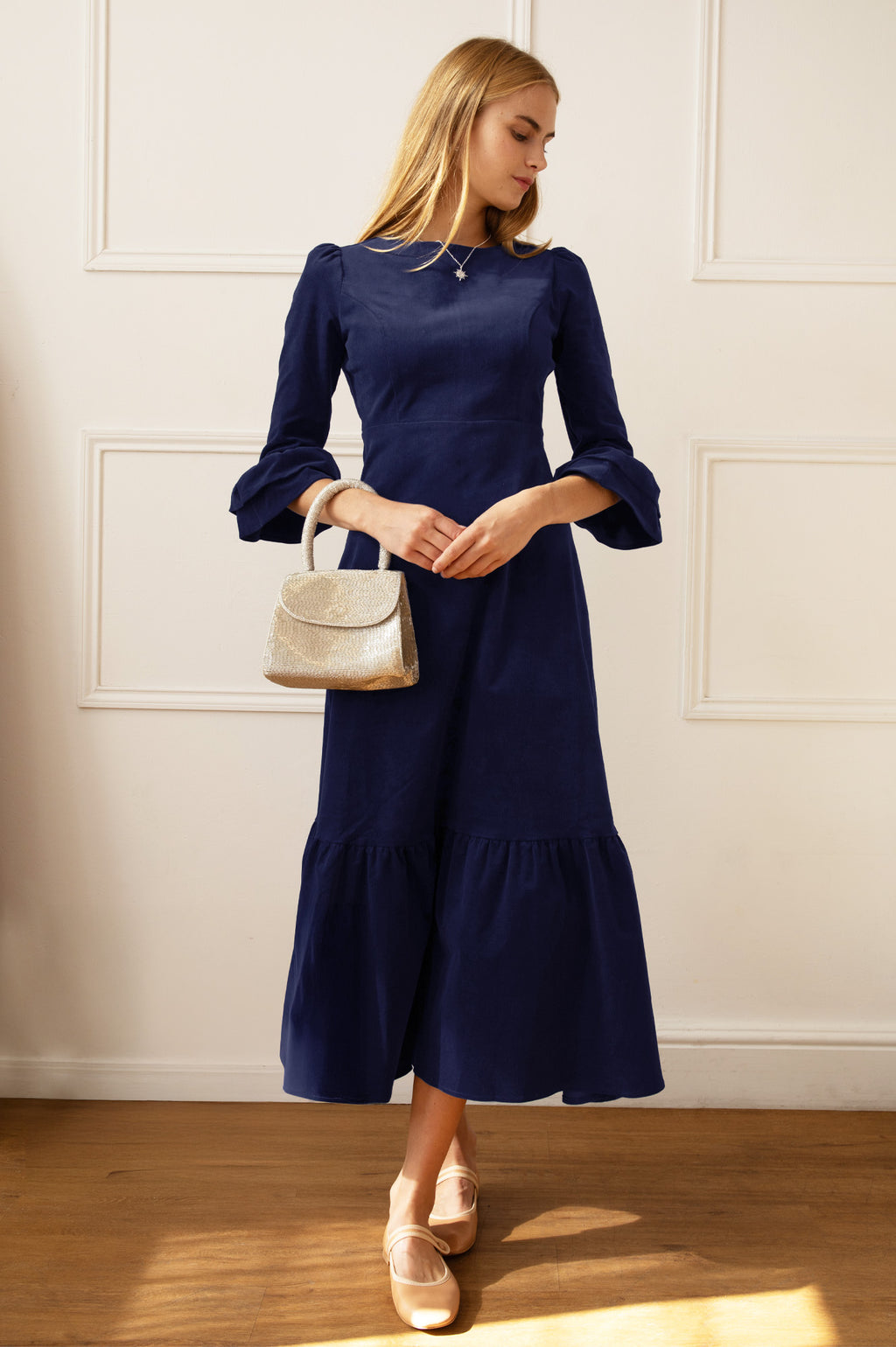 Victoria Round Neck 3 4 Sleeve Stretch Corduroy Dress Atlantic