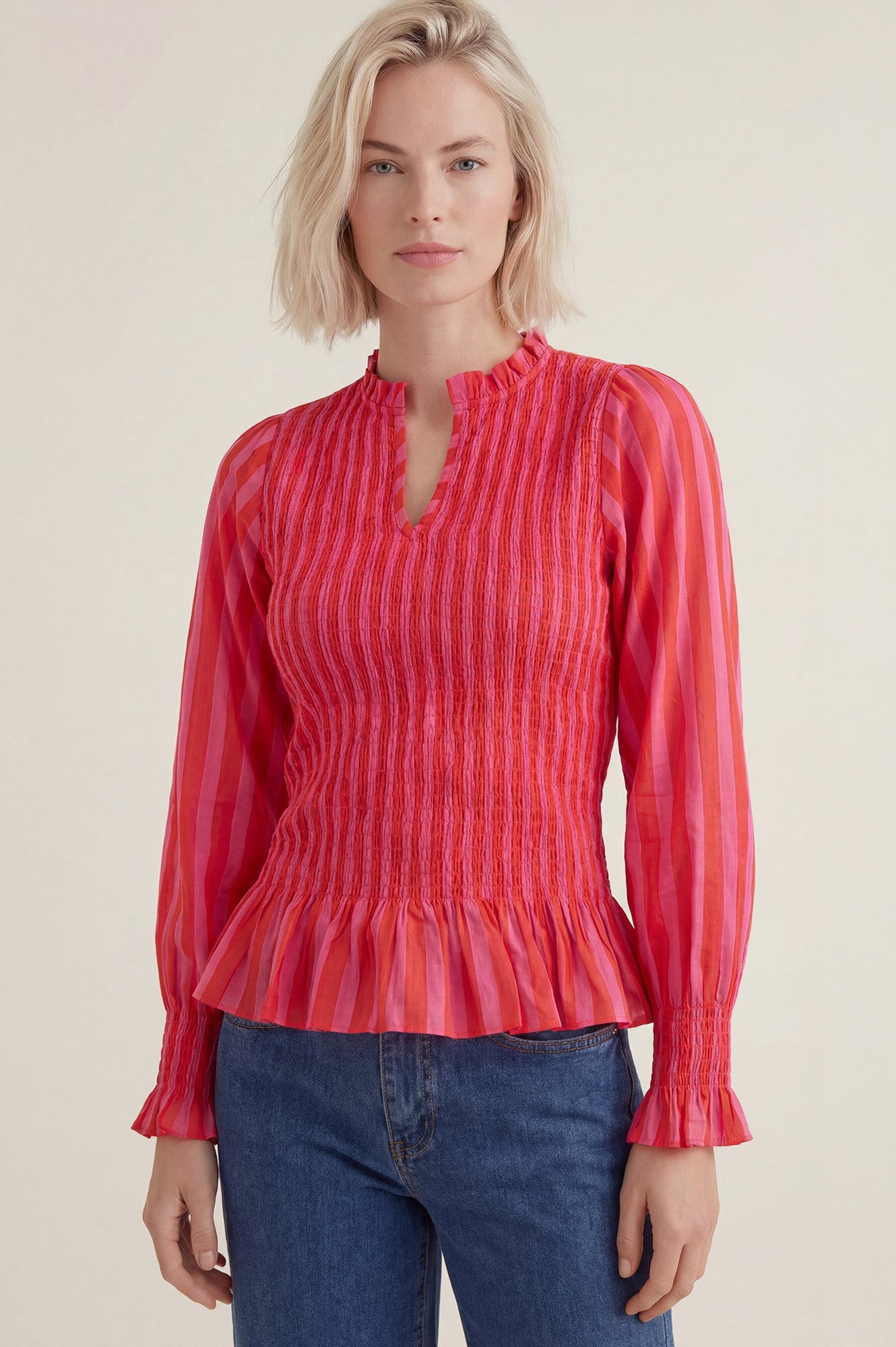 Long Sleeve Shirred Blouse | Red/Pink