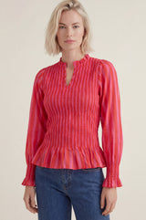 Long Sleeve Shirred Blouse | Red/Pink