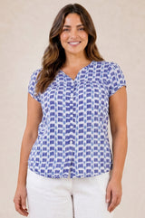 Lisbon Viscose Crinkle Blouse | Ikat White/Blue