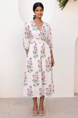 Jyoti Cotton Midi Dress | White/Pink/Green