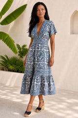 Pippa Organic Cotton Short Sleeve Block Print Dress | Blue/White