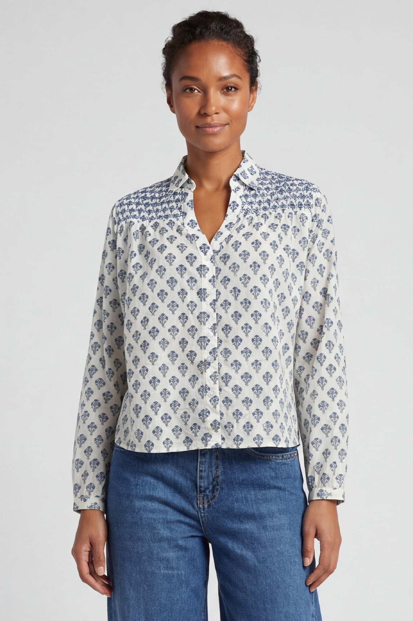 Livi Organic Cotton Blouse | Cream/Blue