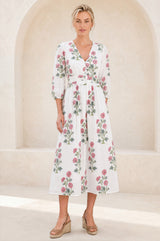 Jyoti Cotton Midi Dress | White/Pink/Green