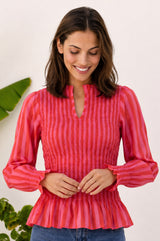 Long Sleeve Stripe Shirred Blouse | Red/Pink