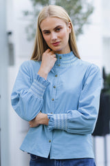 Embroidered Smocked Baby Cord Blouse | Ice Blue