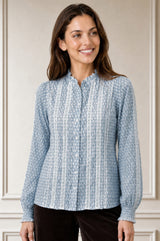 Vienna Printed Long Sleeve Blouse | Ice Blue/Off White