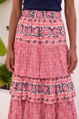 Tiered Block Print Midi Skirt | Pink/Navy