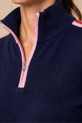Merino Wool Overarm Stripe Quarter Zip Jumper | Navy/Pink/Red