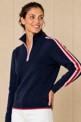 Merino Wool Overarm Stripe Quarter Zip Jumper | Navy/Pink/Red