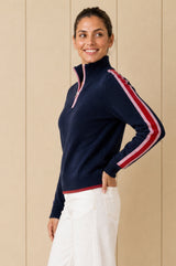 Merino Wool Overarm Stripe Quarter Zip Jumper | Navy/Pink/Red