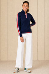 Merino Wool Overarm Stripe Quarter Zip Jumper | Navy/Pink/Red