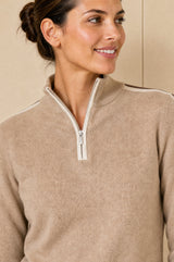 Merino Wool Overarm Stripe Quarter Zip Jumper | Taupe/Cream/Chocolate