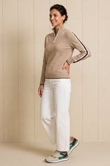 Merino Wool Overarm Stripe Quarter Zip Jumper | Taupe/Cream/Chocolate