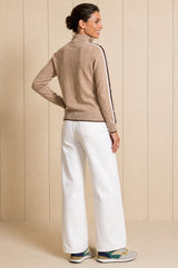 Merino Wool Overarm Stripe Quarter Zip Jumper | Taupe/Cream/Chocolate