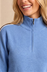 Merino Wool Overarm Stripe Quarter Zip Jumper | Serene Blue/Navy/Off White