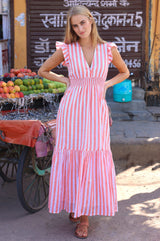 Lizzie Organic Cotton Stripe Dress | Coral/White - Aspiga