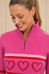 Merino Wool Stripe Hearts Quarter Zip | Pink/Red
