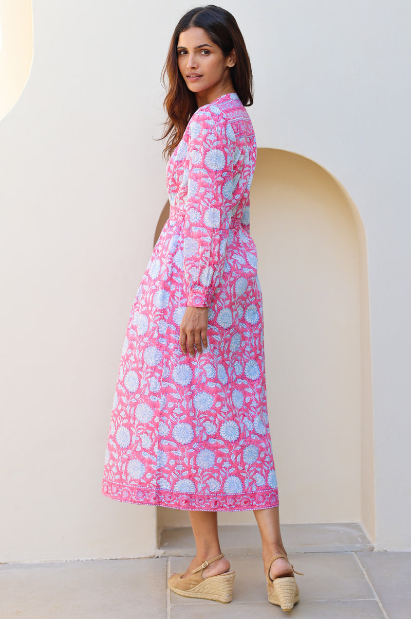 Aspiga Women's Sustainable Wren Block Print Dress Summer Holiday 100% Organic Cotton - Pink